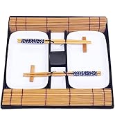 Exzact Sushi Set 10 pcs Porcelain Plates Dips Bamboo Mats Chopsticks | Gift Box Japanese Dining S...