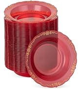Bestluck 100 Pack Clear Red Plastic Bowls with Gold Rim, 12oz Plastic Salad Bowl, Disposable Bowl...