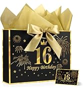 JMANNI Black Gold 16th Birthday Gift Bag with Card and Tissue Paper, 12.6"×9.84"×3.9" Elegant Pre...