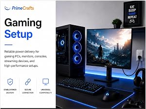 PrimeCrafts AC power cable supporting gaming PC, monitor, console, high-performance gaming setup