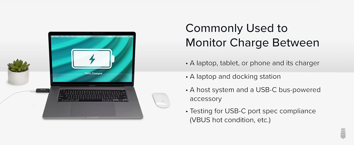 USB-C voltage and amp meter monitoring power between laptop, tablet, phone and its charger