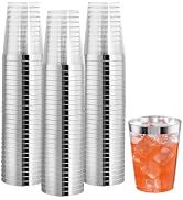 I00000 100PCS Silver Plastic Cups,10 oz Clear Plastic Cups with Silver Trim, Heavy-Duty Disposabl...