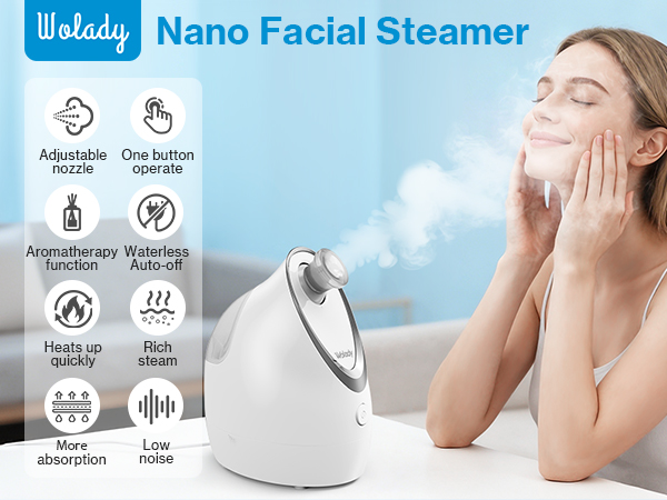 Text reads 'Nano Facial Steamer'. Product advertisement showing facial steamer device with icons indicating features like adjustable angle, rich steam, and hands-on mobility.