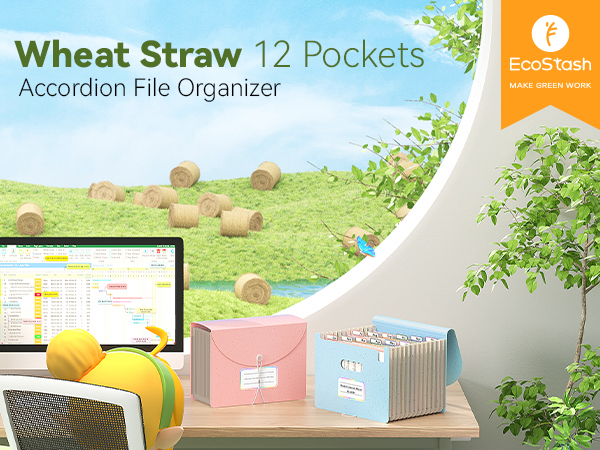 Accordion File Organizer, 12 Pockets Wheat Straw Expanding File Folders