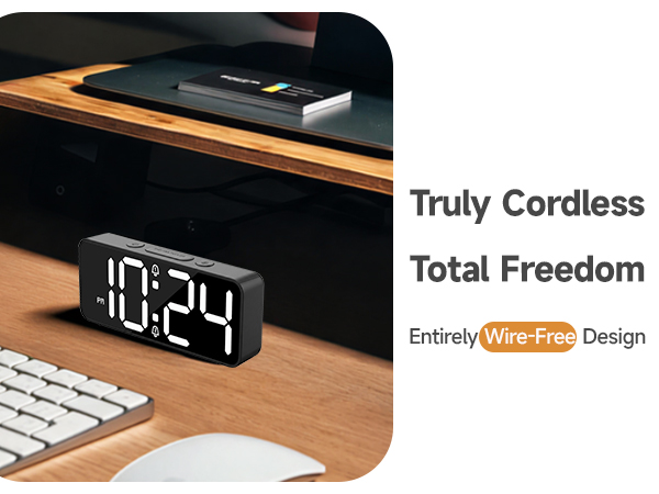 battery operated alarm clock cordless white LED digital clock for desk office nightstand small tiny