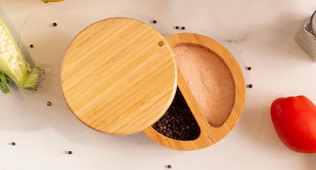 The Salt Keeper Duet with the swivel lid open on a kitchen counter.
