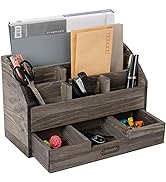 Rustic Wooden Office Desk Organizer 5 Compartment with 2 Drawer &Counter Home Tabletop Desktop Ma...