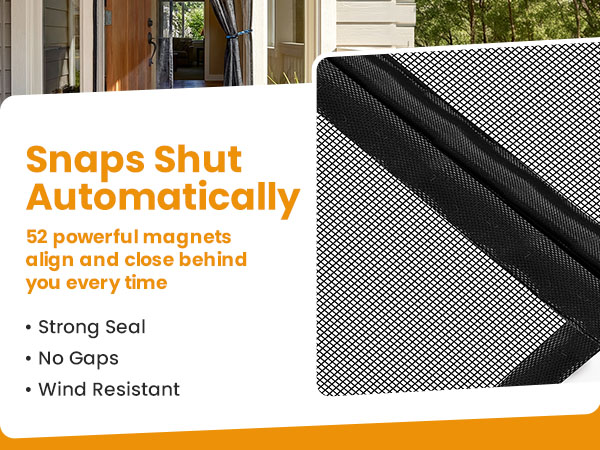 Black magnetic mesh screen snaps shut with 52 magnets. Wind-resistant, gap-free automatic seal.