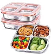KTKUDY 3 Pack Stainless Steel Snack Containers - Divided Bento Snack Box - 4 Compartment Meal Pre...