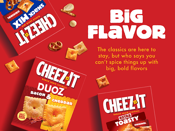Overhead view of 3 packages of Cheez-It crackers in different flavors on red background, Munch Time