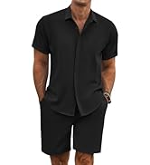 COOFANDY Men's Summer Beach Outfits 2 Piece Short Sleeve Shirts and Shorts Vacation Texture Linen...