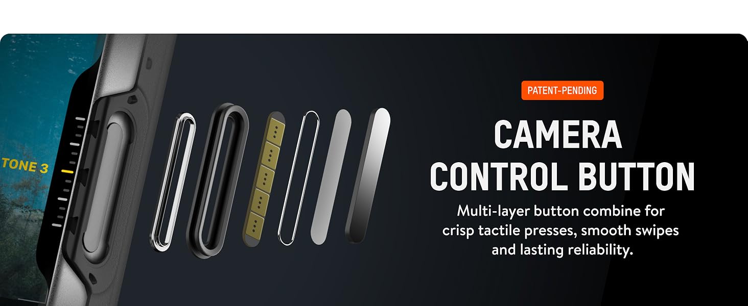 Text reads 'CAMERA' and 'CONTROL BUTTON'. Close-up product image showing multiple lens or button cutouts in black surface, likely demonstrating camera and control access features.
