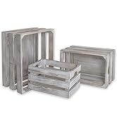 EMAX HOME Set of 3 Vintage Rustic Grey Wood Decorative Nesting Storage Crates with Handles, Farmh...