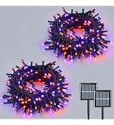 QITONG Orange and Purple Solar String Lights, 2 Pack Each 33ft 100 LED Halloween String Lights Ou...