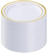 BESTVIP 100PCS Gold Plastic Plates, 10.25 Inch Disposable Dinner Plate Party with Gold Rim for Ch...