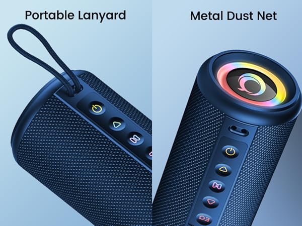 Text reads 'Portable Lanyard' and 'Metal Dust Net'. Dark blue protective netting or mesh material shown in close-up detail with metal grommets or fasteners visible.