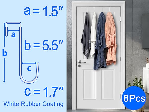 Two bath towels and two bathrobes hang from four hooks on bathroom door with hook size