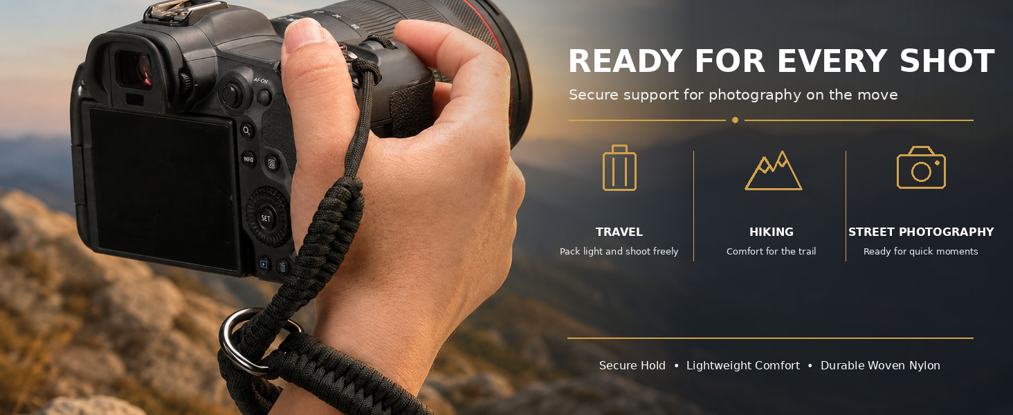 Black camera wrist strap used for secure travel, hiking and street photography with DSLR camera