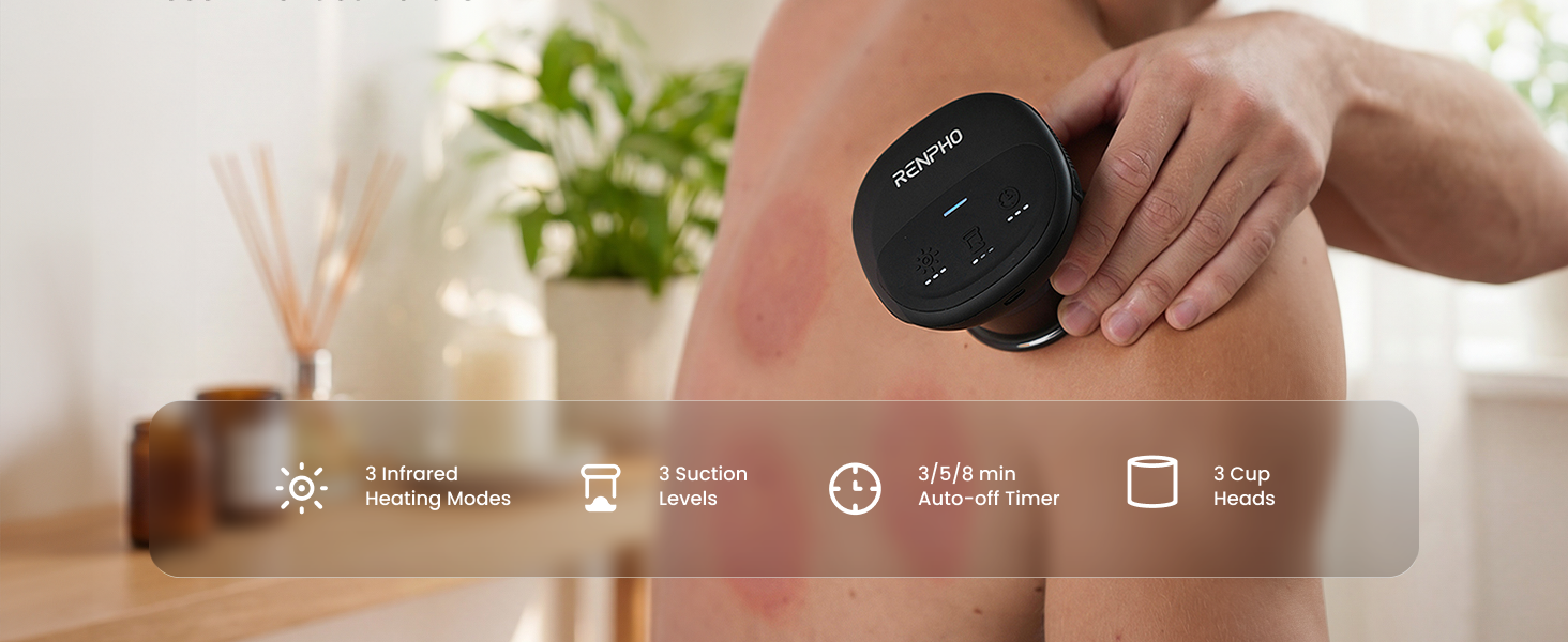 Portable electric cupping massager device with suction levels for back and shoulder relaxation