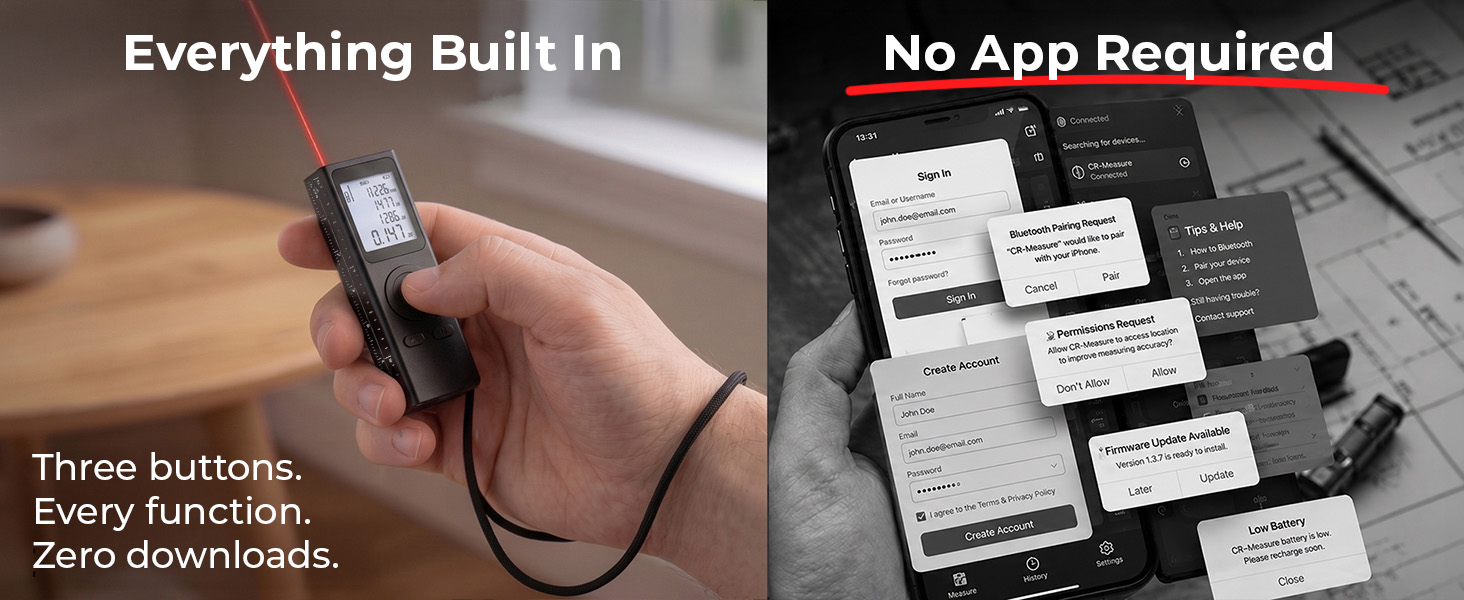 Text reads "Everything Built-In" and "No App Required". Split image showing product interior details on left and app interface screens on right.