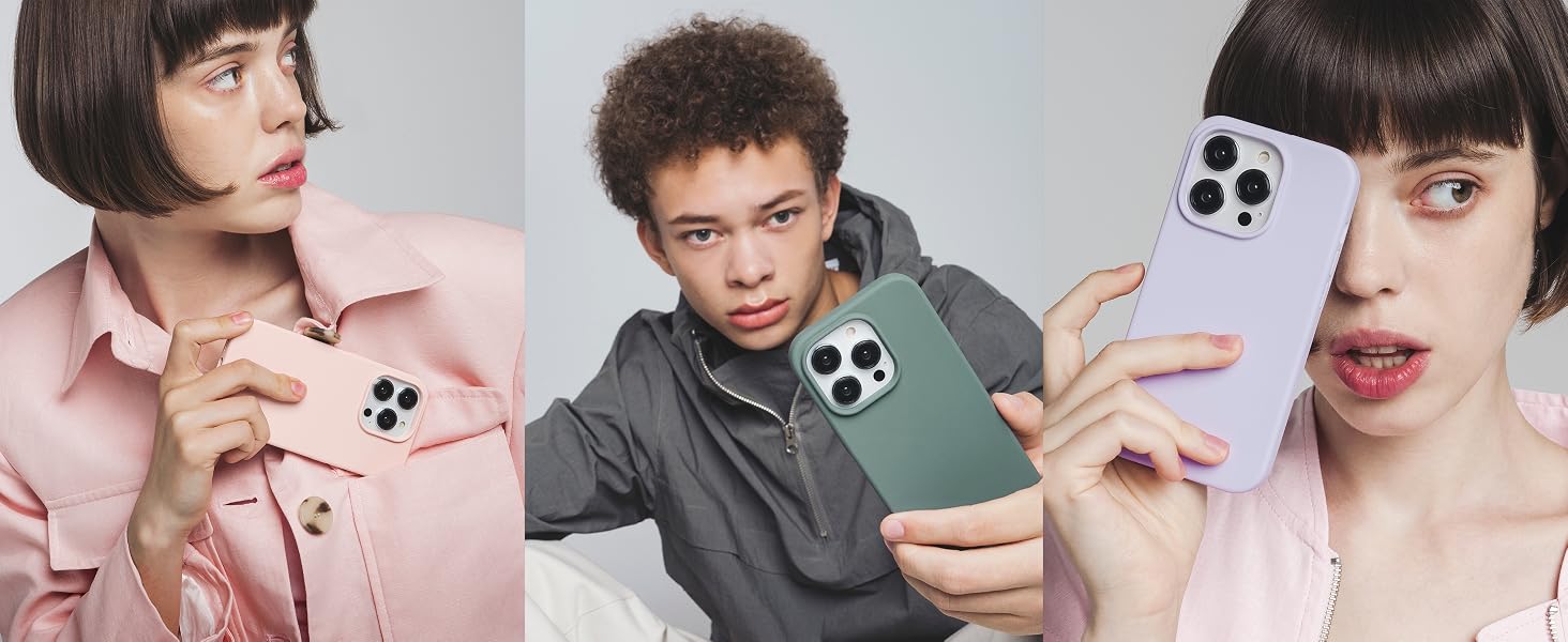 Smartphone cases with triple camera cutouts shown in pink, green, and purple. Three people demonstrating the cases on phones.