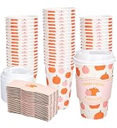 Whaline 50Pcs Fall Coffee Cups with Lids Sleeves 16oz Pink-Orange Pumpkin Paper Drinking Cups Dis...
