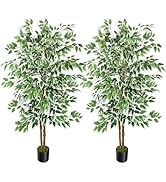 GTIDEA 2 Pcs 5ft Ficus Artificial Trees, Tall Faux Trees Indoor with Natural Trunk and Fake Silk ...