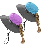 Kids Girls Ponytail Summer Sun Hat Wide Brim UV Protection Bucket Beach Cap…