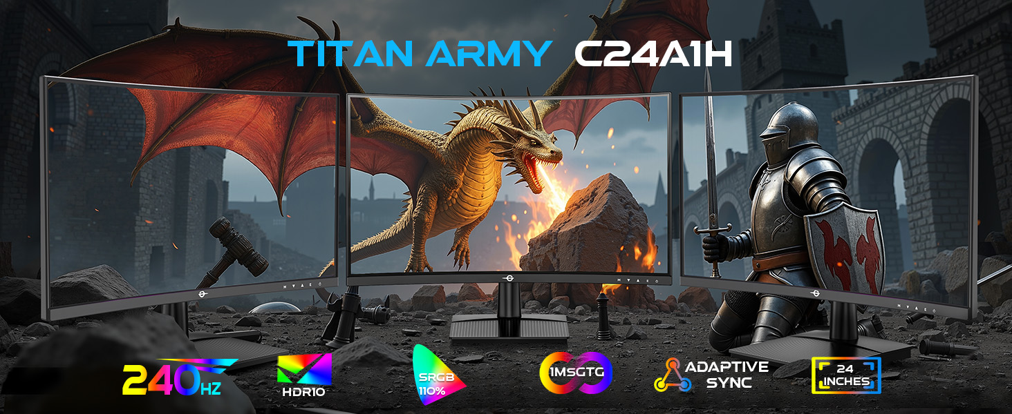 Text reads 'TITAN ARMY' and 'C24A1H' with various technical specification icons showing color and refresh rate indicators.