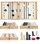 LumWuds 4 in 1 Wooden Fodable Fast Sling Puck Game Set – Chess, Tic Tac Toe, Checkers Board Game ...