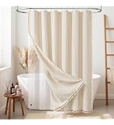BTTN 3 in 1 Shower Curtain with Liner, Cream Boho Linen Striped Cloth Shower Curtain Set with Pla...