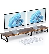 Desktop Dual Monitor Stand Riser - Wood Monitor Stand for 2 Monitors, Computer Stand with Metal L...