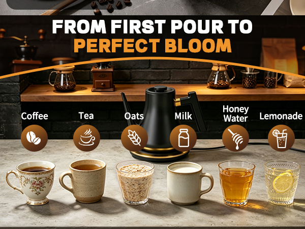 Matte black electric pour over kettle serving coffee tea oats milk honey water on breakfast table