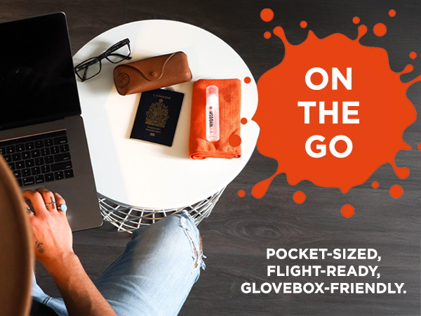 Text reads 'ON THE GO'. Appears to be marketing or promotional material with red splatter design elements on dark background.