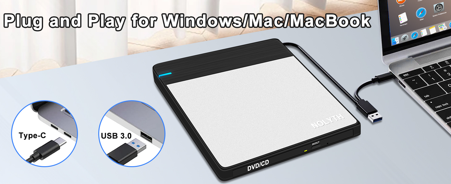 This cd drive for mac features USB 3.0 and USB Type-C connectors, plug and play for Mac and Windows