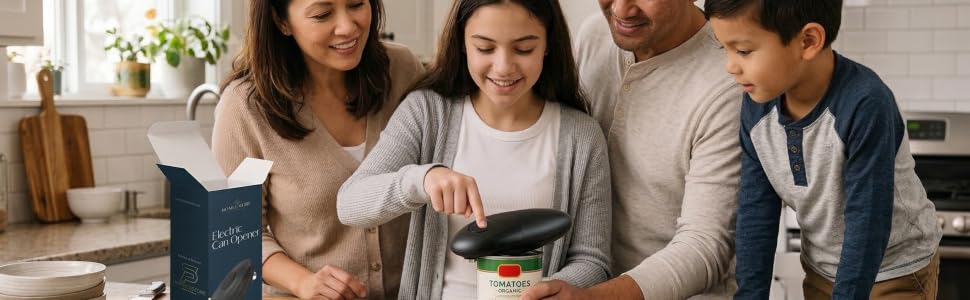 Family using an automatic can opener in the kitchen