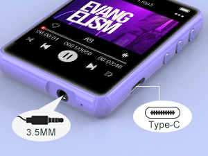 Purple digital music player with touchscreen displaying album art. Device features 3.5mm headphone jack and Type-C port. Screen shows music controls and 'Evang Clash' text.