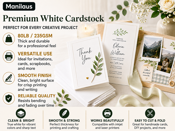 Manilaus 80lb white cardstock 8.5 x 11 for invitations, cards, scrapbook pages, inserts