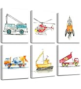 Frimeeme Framed Car Canvas Wall Art for Kids, Watercolor Vehicles Theme with Fire Truck, Helicopt...