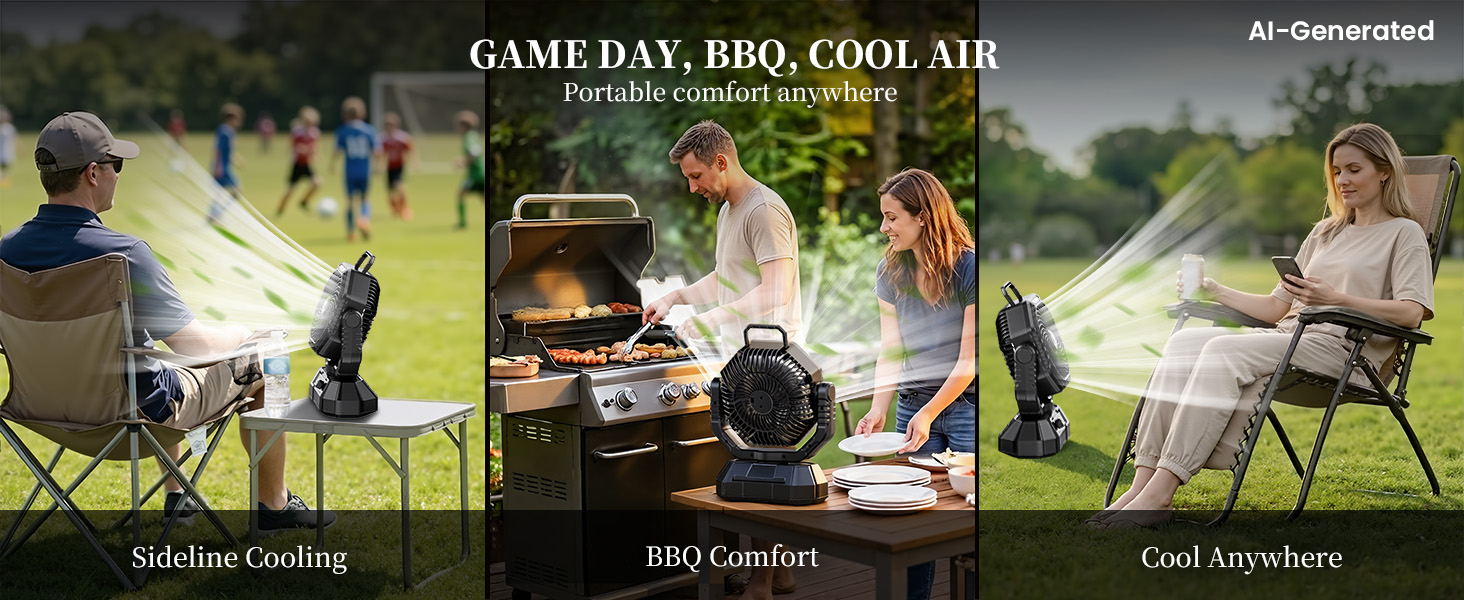 Game day, BBQ, cool air: fan for camping tent offers portable comfort anywhere