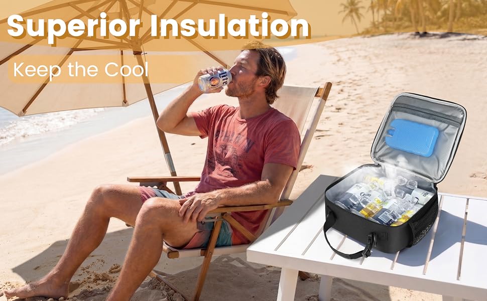 An insulated lunch bag keeping beverages fresh and ice cold during an outdoor beach trip.