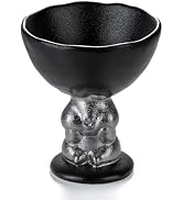 KAMMAK Ceramic Candle Holder with Silver Rabbit Figurine Base -Matte Black Scalloped Bowl Pedesta...