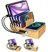 Xunhonom 6 Port USB Charging Station for Multiple Devices PD 100W Bamboo Charging Station Organzi...