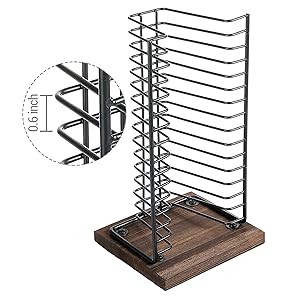 Matte Black Metal Wire Vertical Compact Disc Holder with and Burnt Wood Base