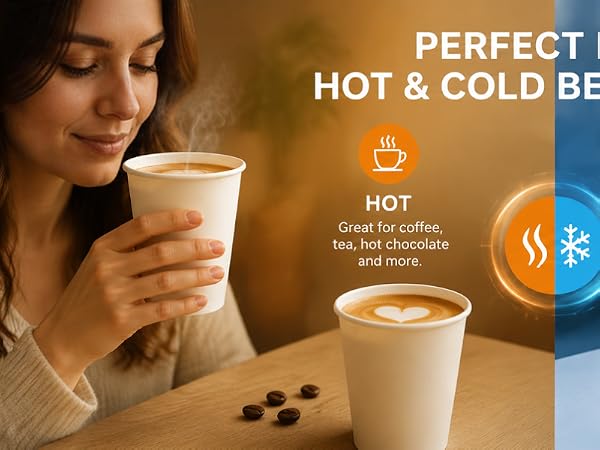 12 oz Disposable Paper Coffee Cups, 100 Count – Leak-Resistant White Cups for Hot & Cold Drinks