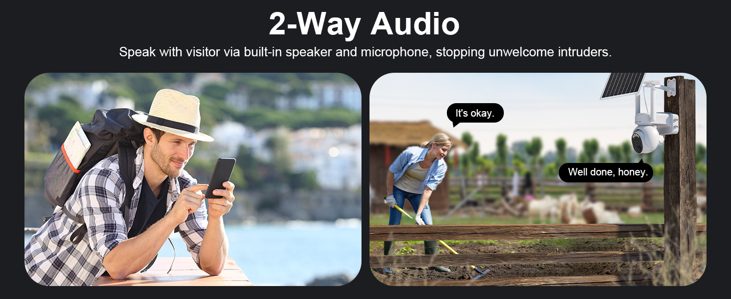 Hear and talk via the 4g lte cellular security camera's 2-Way audio