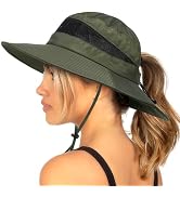 Waterproof Bucket Sun Hat for Women Wide Brim Breathable Mesh UPF50+ Safari Hat Criss Cross Ponyt...