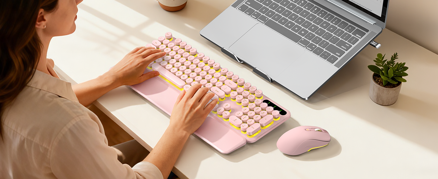 This cute wireless keyboard and mouse set adds both comfort and charm to your workspace