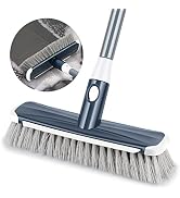 Floor Scrub Brush with Long Handle Adjustable, 2 in 1 Scrape and Brush Stiff Bristle Scrubber Bru...