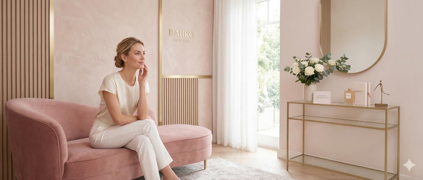 An elegant woman sitting gracefully on a pink velvet sofa in a bright